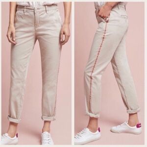 Anthropologie Chino Relaxed Boyfriend Tuxedo Stripe Khaki Beige Pants, Size 28